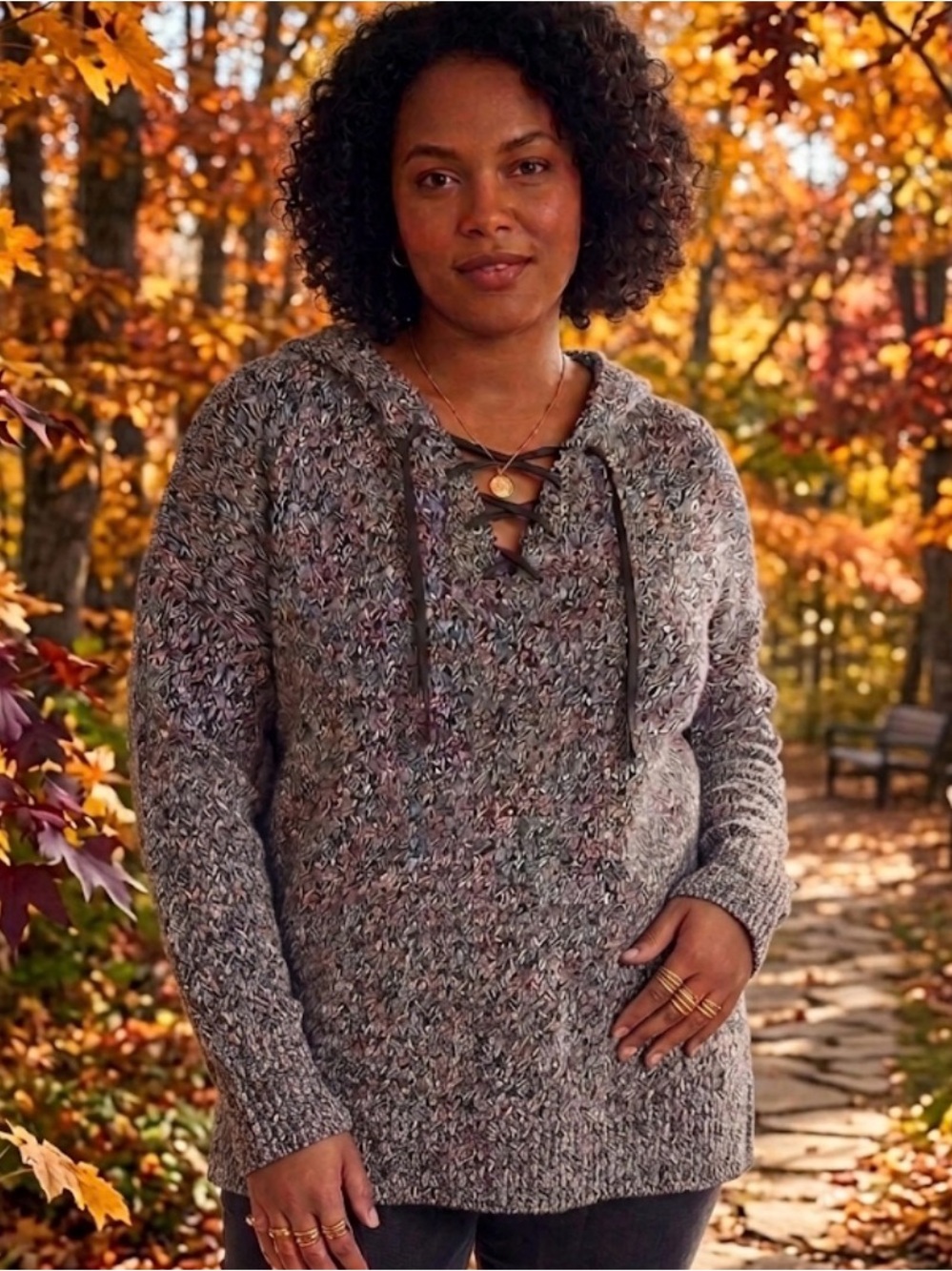 Women’s V-Neck Lace-Up Pullover Sweater in Heathered Gray